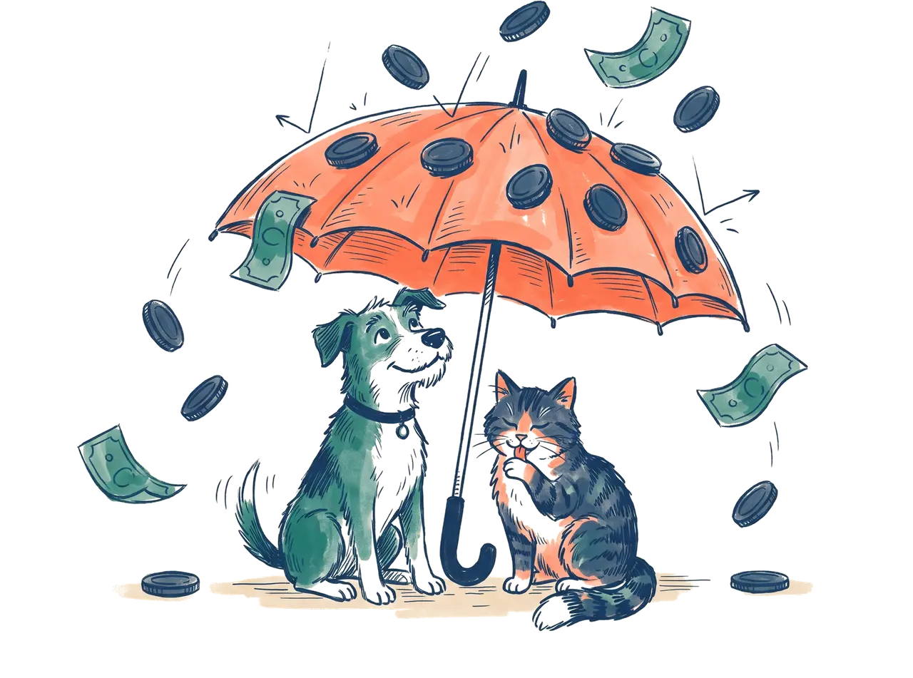 Illustratie van een hond en kat die veilig onder een paraplu zitten terwijl munten en biljetten eromheen vallen
